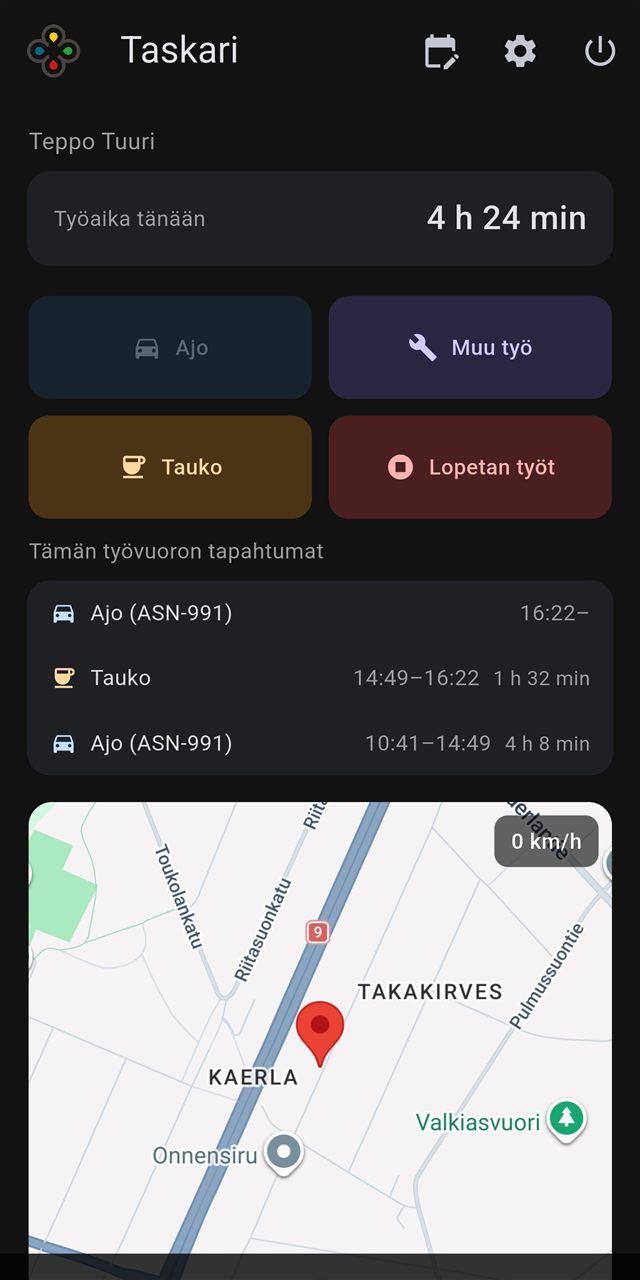 Taskari-sovelluksen etusivu: työajan kirjaus ja sijainti kartalla